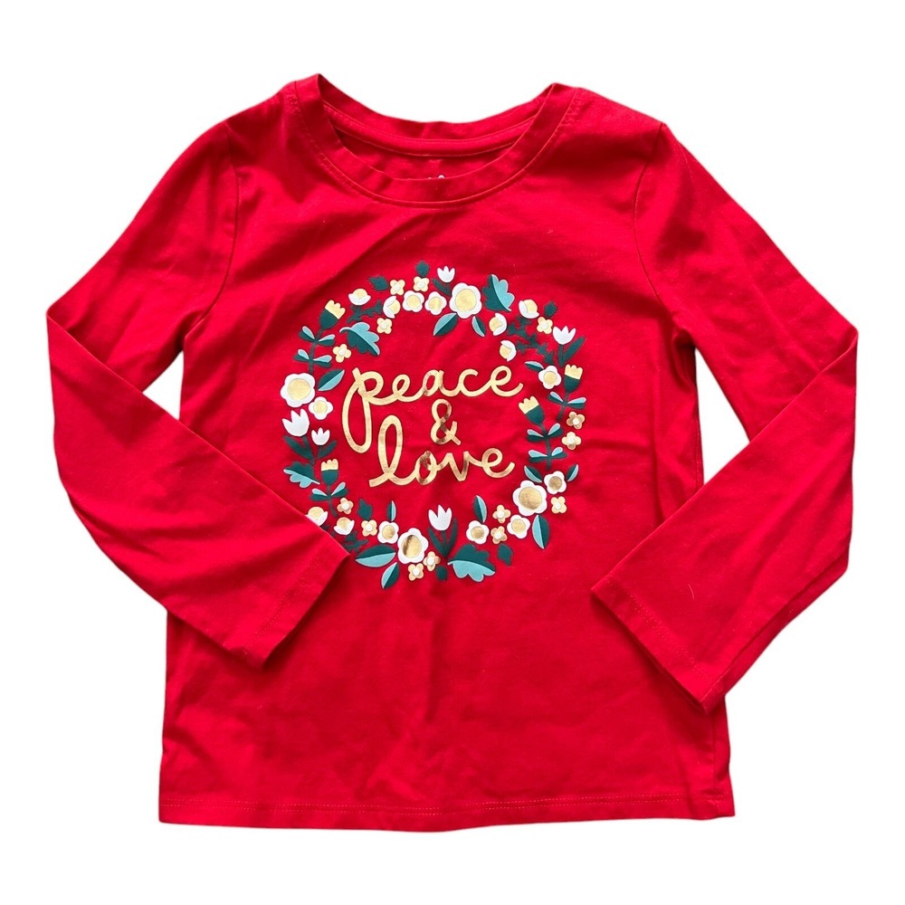 Cat & Jack Shirt Girls Size‎ 4T Peace & Love Long Sleeve Top Red Floral Graphic